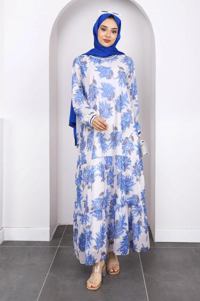 Saks Mavi Desenli Şifon Elbise