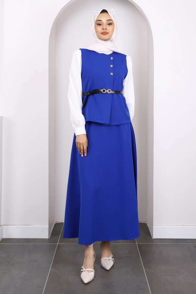 Saks Mavi Gömlek Yelek Etekli 3'Lü Kombin Takım