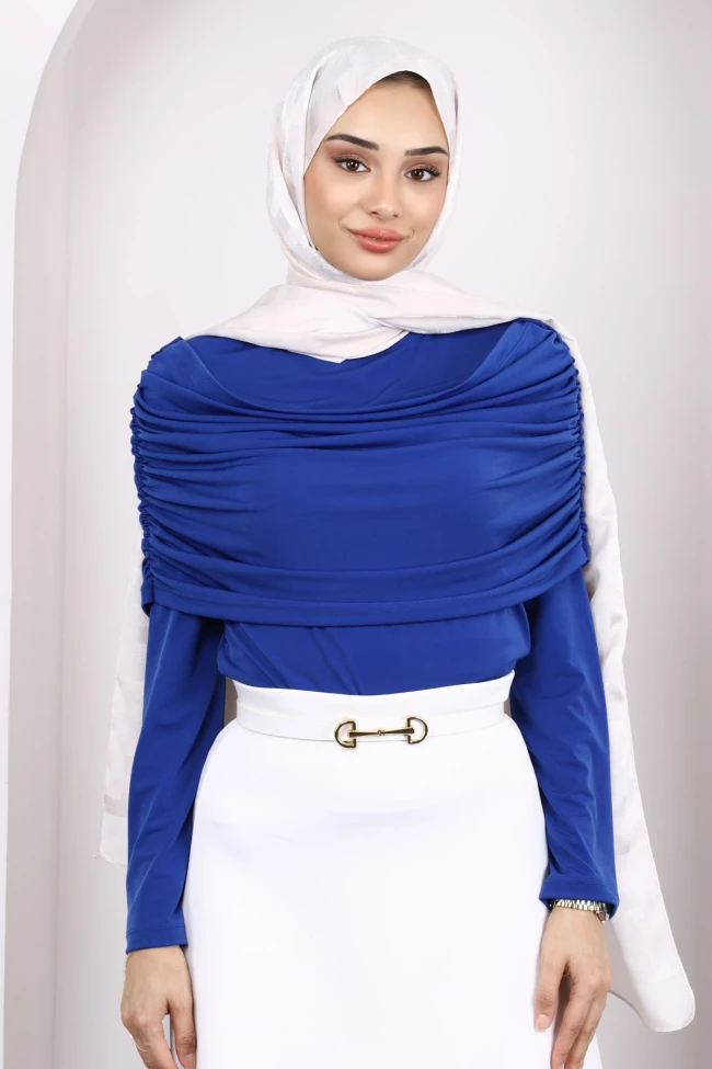 Saks Mavi Kol Yaka Detaylı Sandy Bluz