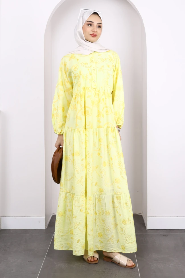 Sarı Desenli Yarım Düğmeli Kol Lastikli Elbise