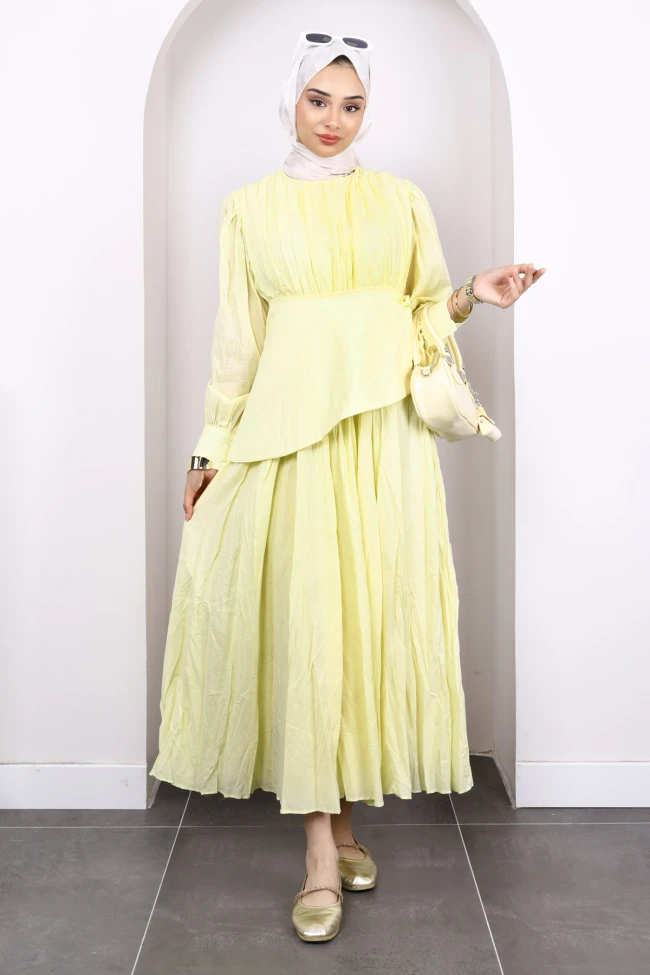 Sarı Kuşak Detaylı Kraş Elbise