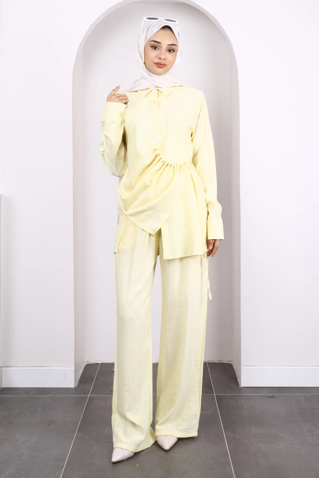 Sarı Ön Bağlamalı Tunik Pantolonlu Takım