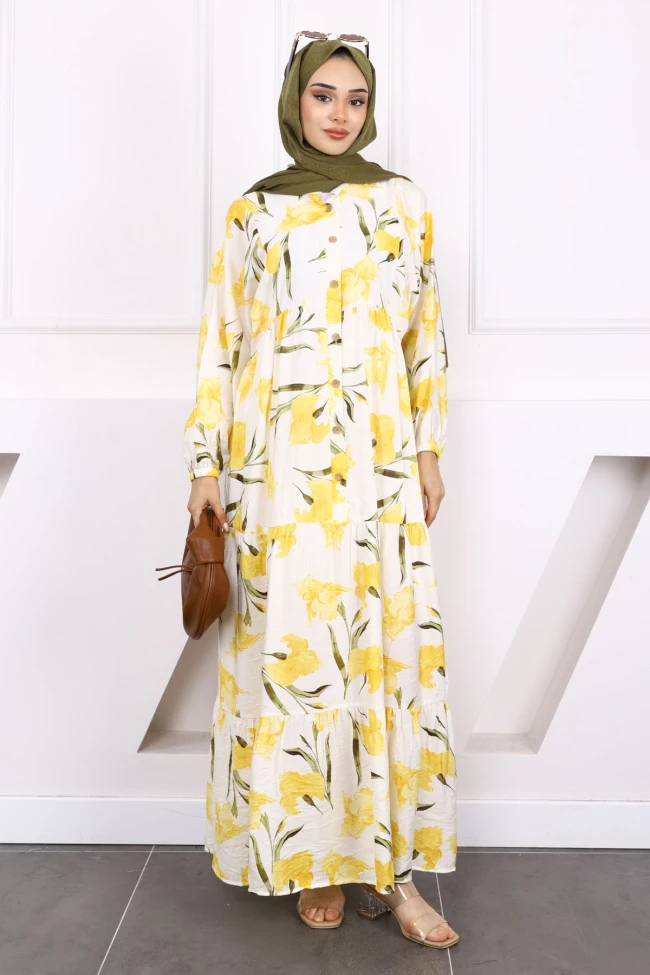 Sarı Yarım Düğmeli Eteği Katlı Desenli Elbise
