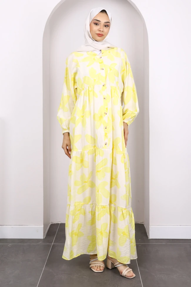 Sarı Yarım Düğmeli Eteği Katlı Desenli Elbise