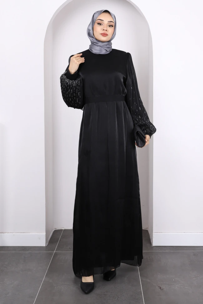 Siyah Balon Kol Taşlı Abiye