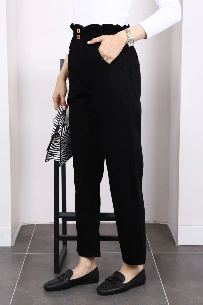 Siyah Bel Lastikli Mom Jeans Pantolon
