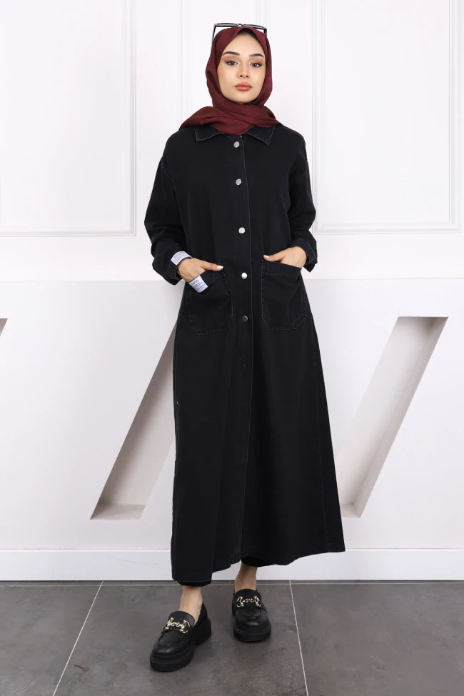 Siyah Cepli Düğmeli Kot Kap