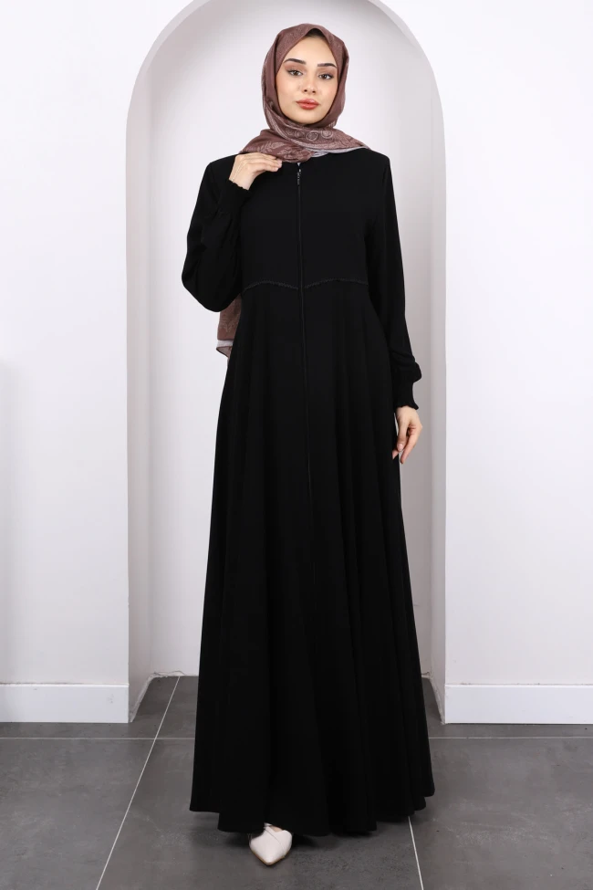 Siyah Kol Gipeli Fermuarlı Ferace