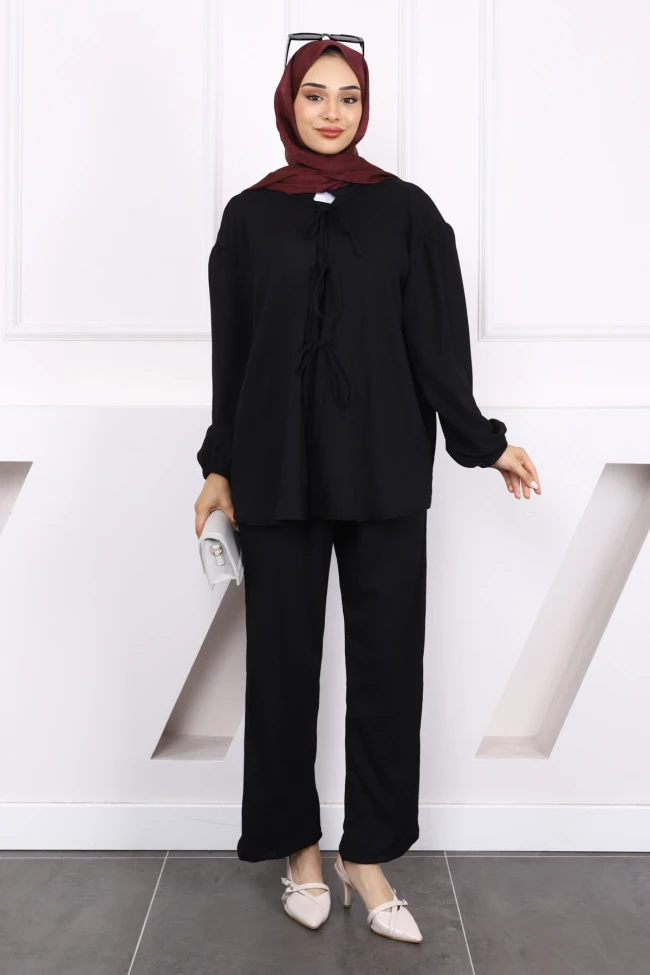 Siyah Ön Bağlamalı Bürümcük Kimono Pantolonlu Takım