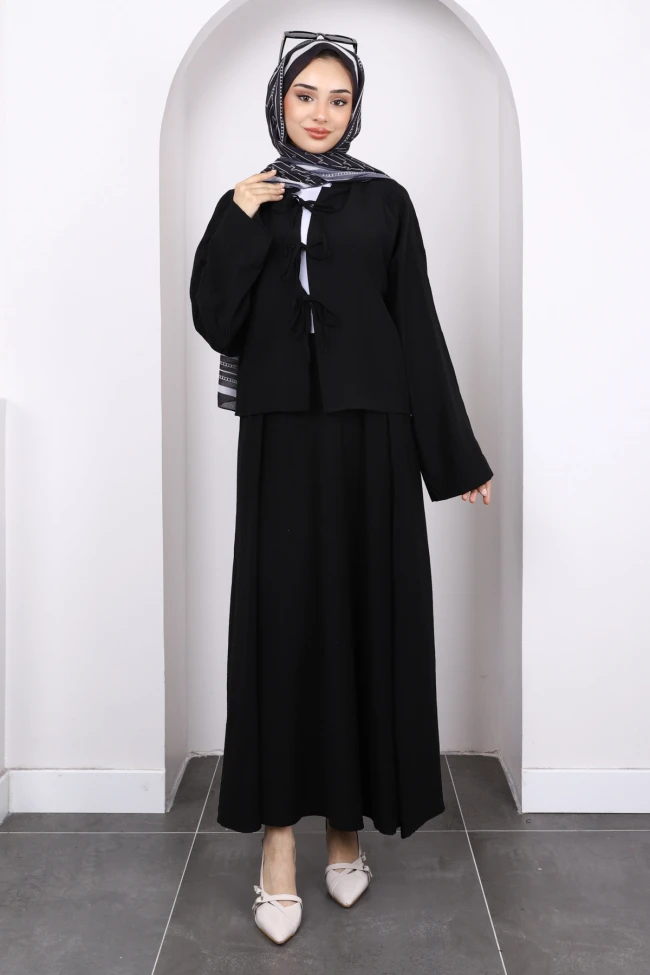 Siyah Önü Bağlamalı Kimono Etekli Takım