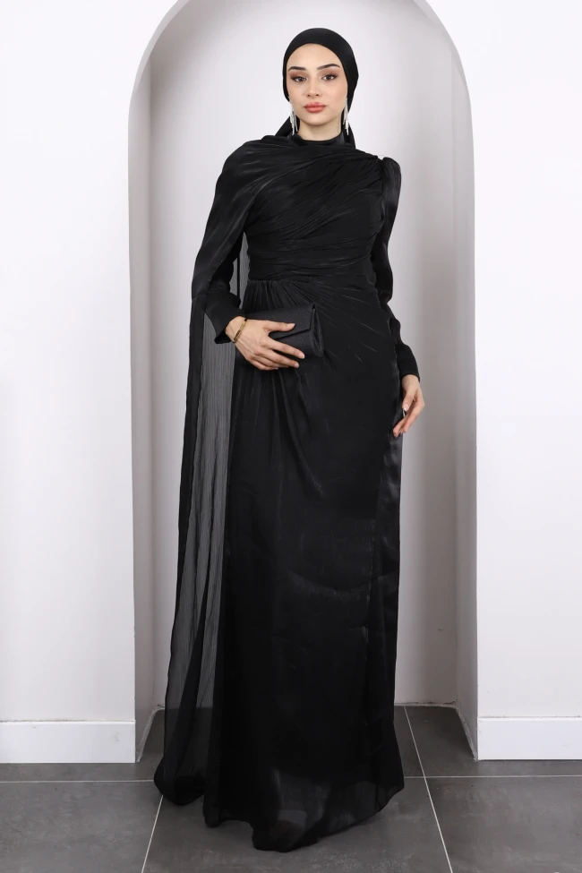 Siyah Önü Drapeli Şifon Abiye