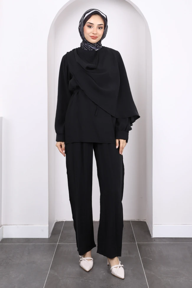 Siyah Şal Detaylı Tunik Pantolonlu Takım