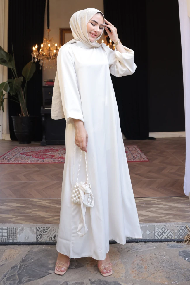 Taş Hakim Yaka Balon Kol Saten Abiye Elbise