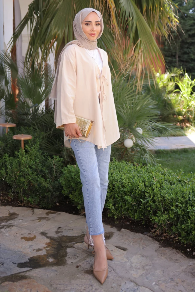 Taş Ön Bağlamalı Kimono Tunik