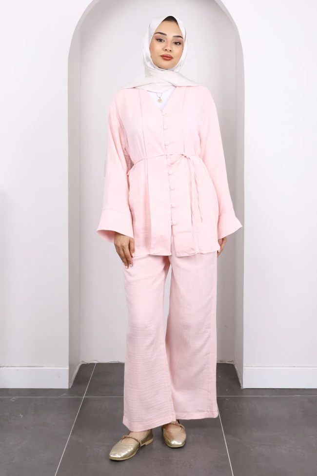 Toz Pembe Gömlek Pantolonlu Müslin Takım