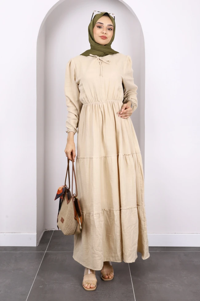 Vizon Yaka Bağlamalı Eteği Katlı Muslin Elbise