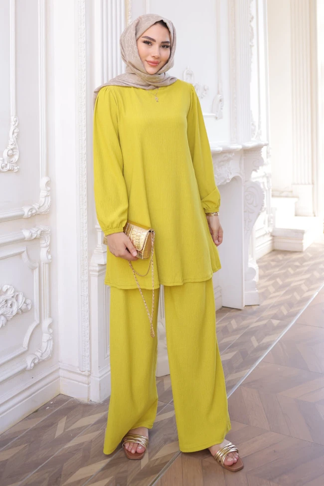 Yağ Yeşili Bürümcük Tunik Pantolonlu Takım
