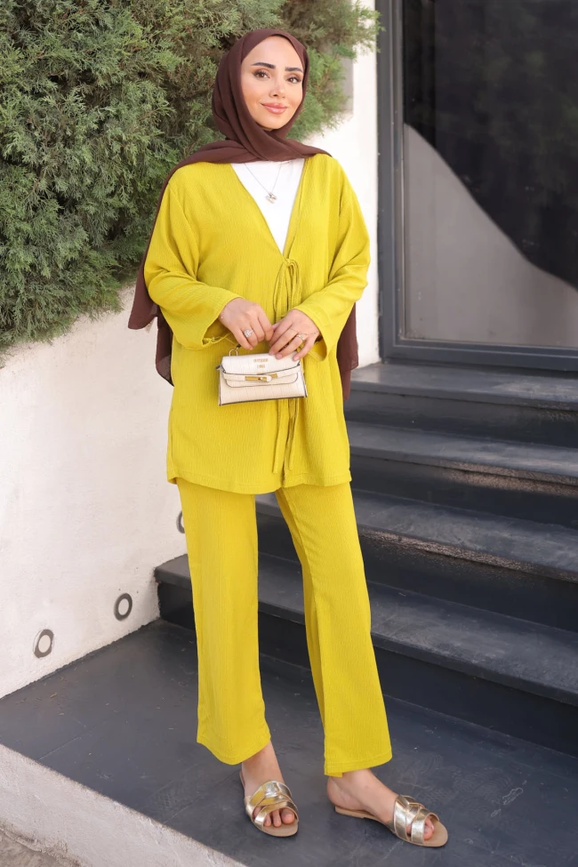 Yağ Yeşili Ön Bağlamalı Bürümcük Kimono Pantolonlu Takım