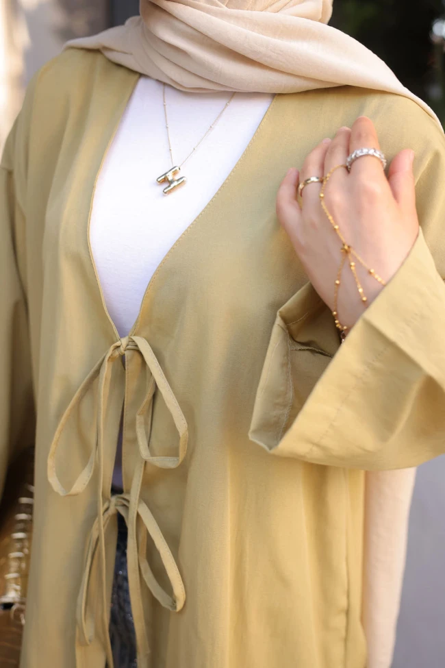 Yağ Yeşili Ön Bağlamalı Kimono Tunik