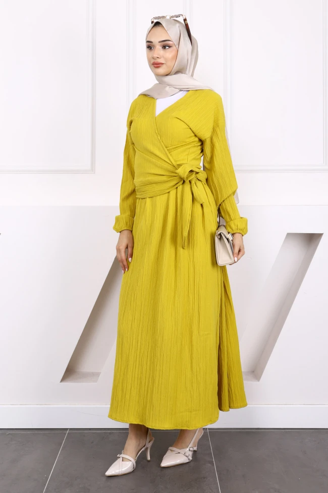 Yağ Yeşili Yan Bağlamalı  Bluz Etekli Takım