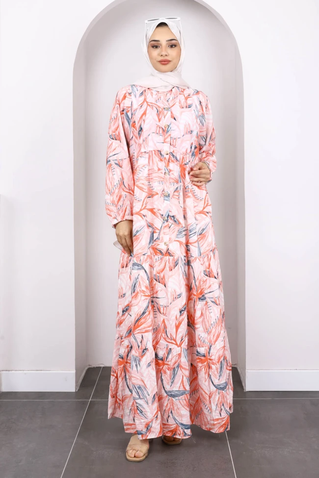 Yavruağzı Yarım Düğmeli Eteği Katlı Desenli Elbise