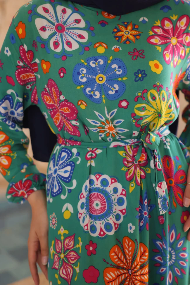 Yeşil Desenli Eteği Katlı Viscon Elbise