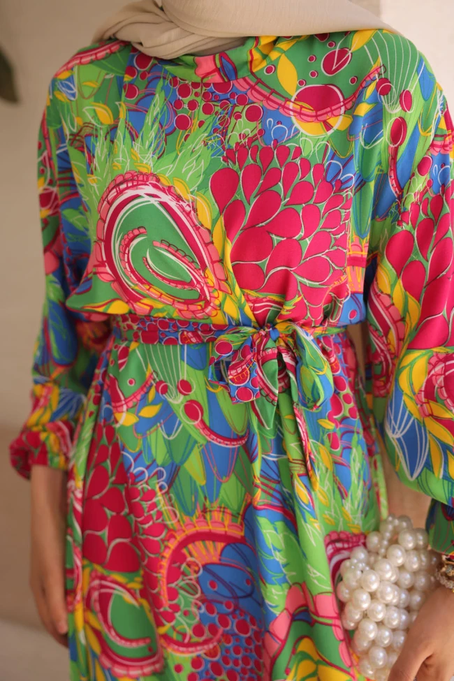 Yeşil Desenli Eteği Katlı Viscon Elbise