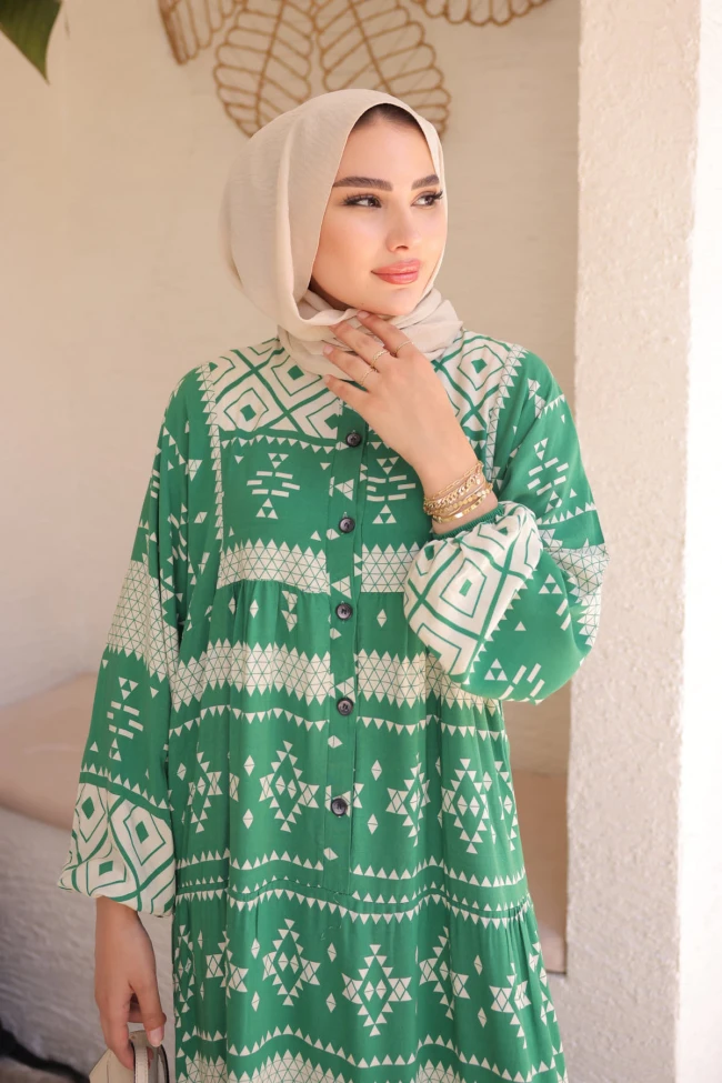 Yeşil Desenli Yarım Düğmeli Viscon Elbise