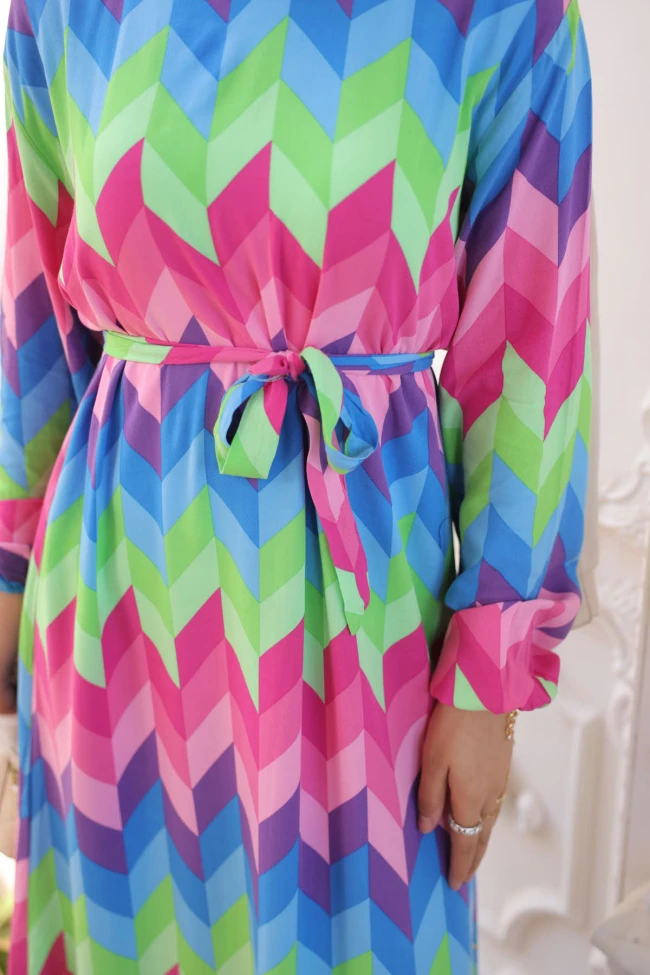 Yeşil Mavi Desenli Eteği Katlı Viscon Elbise