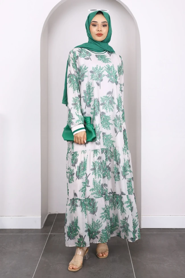 Zümrüt Yeşili Desenli Şifon Elbise