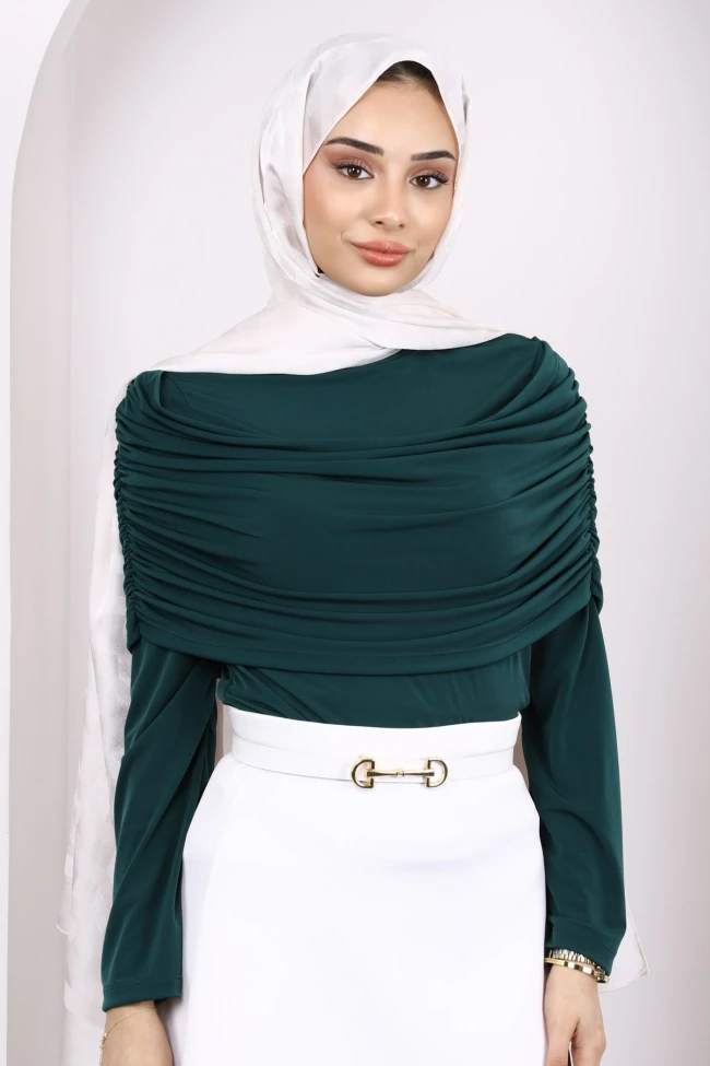 Zümrüt Yeşili Kol Yaka Detaylı Sandy Bluz