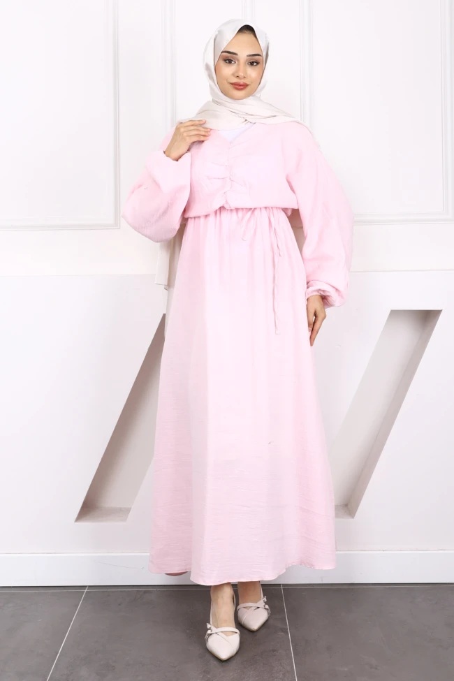 Açık Pembe Önü Büzgülü Müslin Elbise