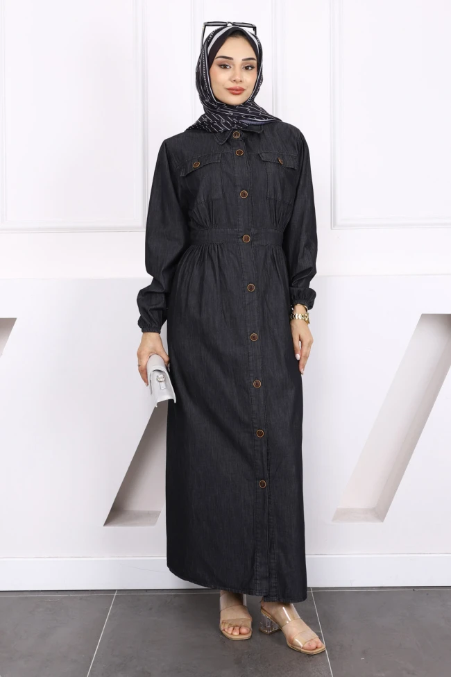 Antrasit Cepli Düğmeli Kot Elbise