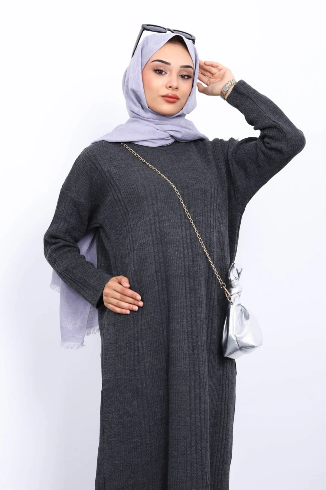 Antrasit Dik Yaka Fitilli Merserize Triko Elbise