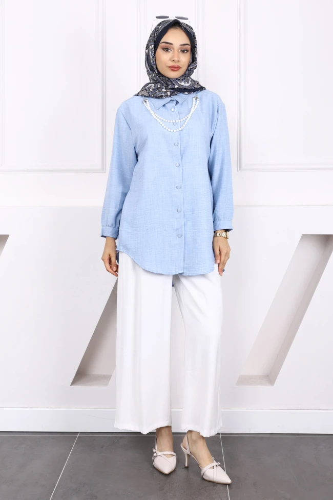 Bebe Mavi İnci Kolyeli Keten Gömlek
