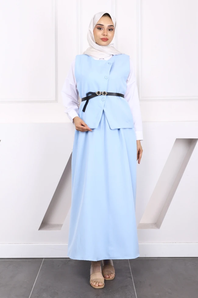 Bebe Mavi Kemerli Krep Yelek Etekli Takım