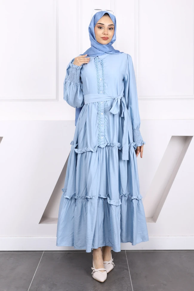 Bebe Mavi Önü Nakışlı Bel Kuşaklı Elbise