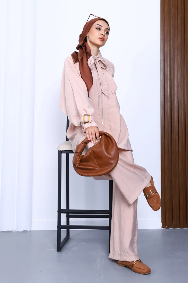 Bej Fermuarlı Modal Tunik Pantolonlu Takım