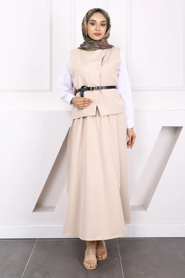 Bej Kemerli Krep Yelek Etekli Takım