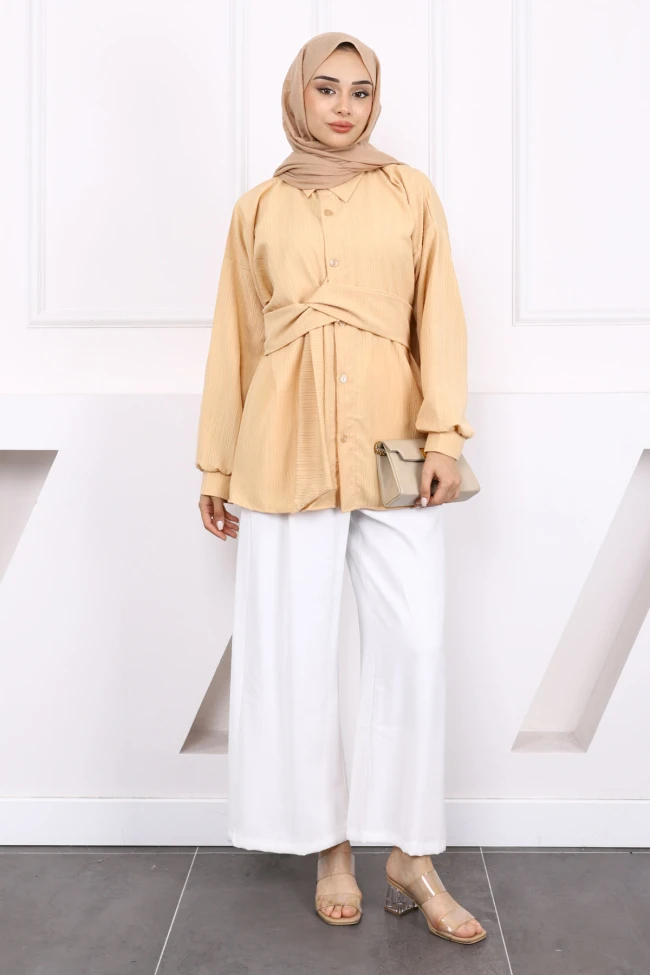 Bej Kuşak Detaylı Bürümcük Gömlek