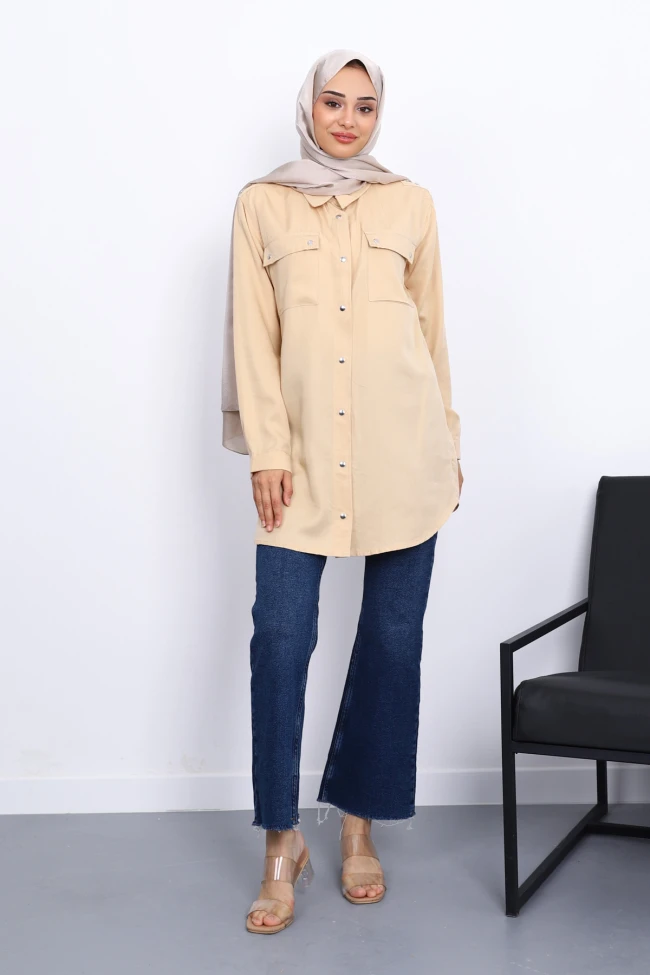 Bej Omuzları Apoletli Çift Cepli Tunik