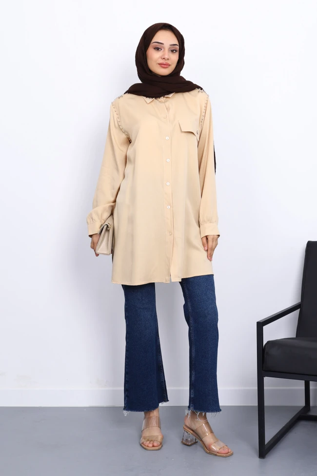 Bej Omuzları İncili Tunik