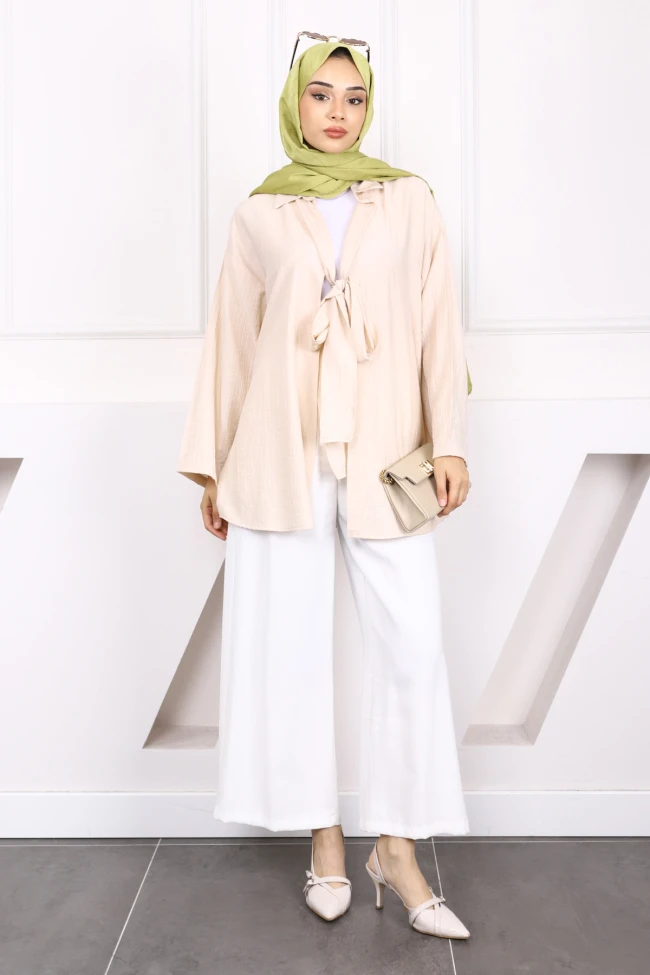 Bej Ön Bağlamalı Modal Kimono