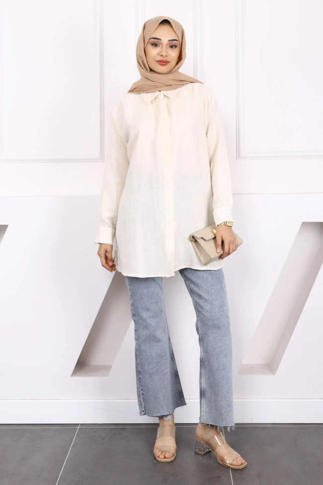 Bej Sim Çizgili Keten Tunik