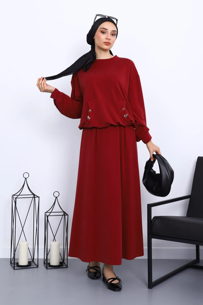 Bordo Cepli Bluz Etekli Takım