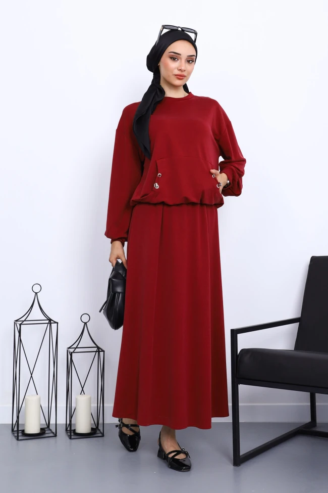 Bordo Cepli Bluz Etekli Takım
