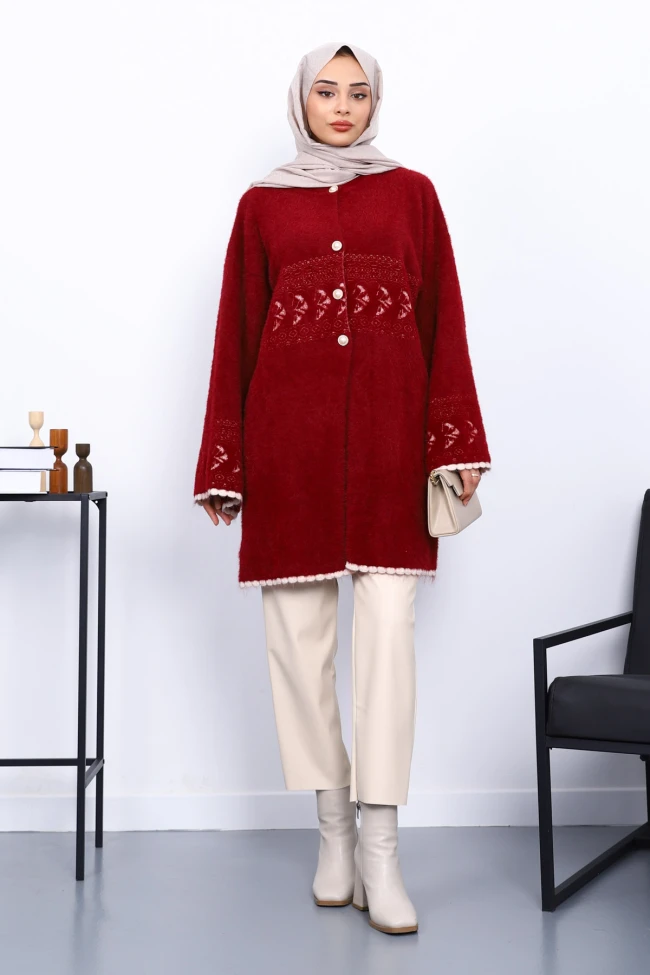 Bordo Desenli Sakal Triko Hırka