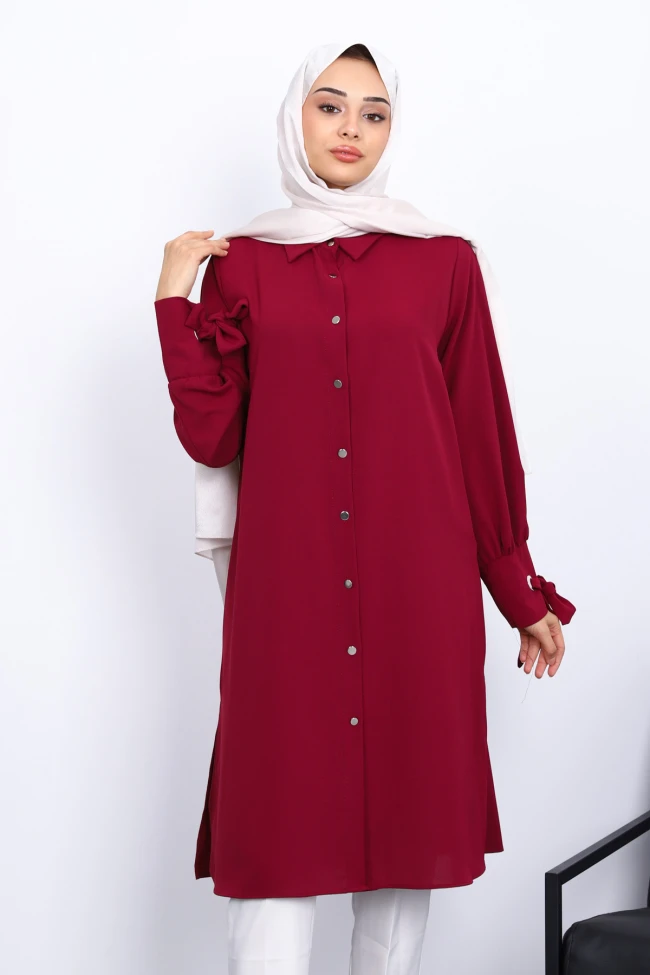 Bordo Kol Bağlamalı Tunik