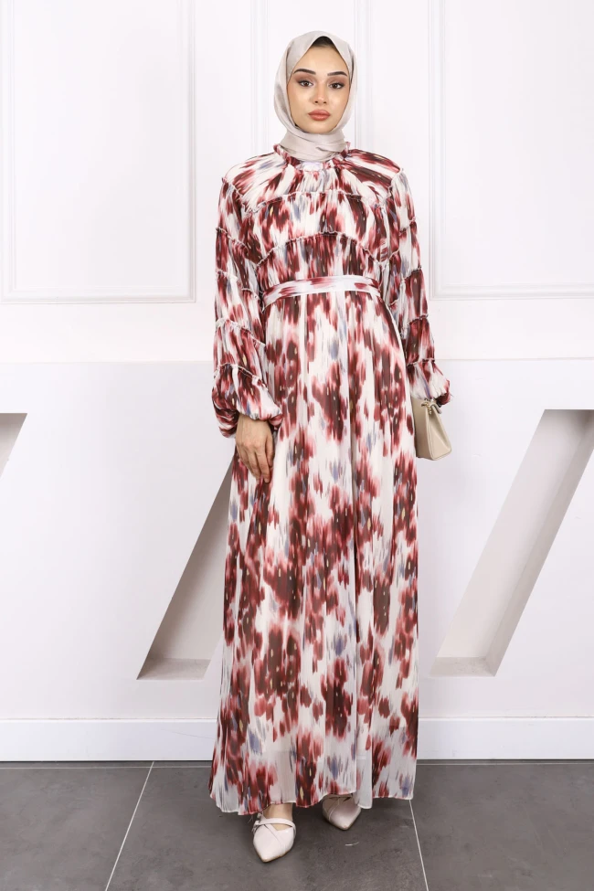 Bordo Kuşaklı Desenli Büzgülü Şifon Elbise