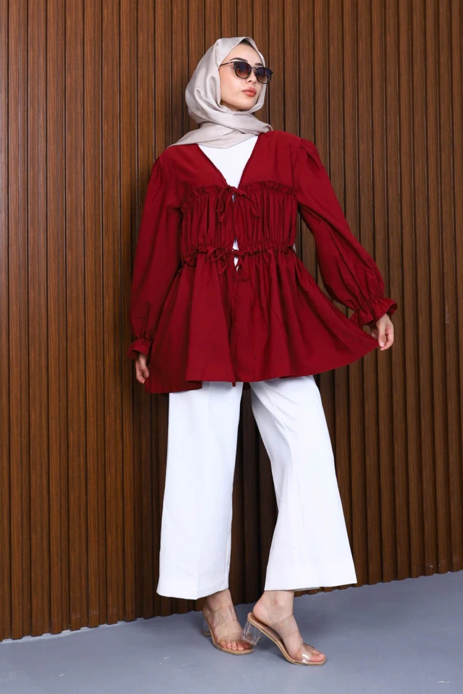 Bordo Ön Bağlamalı Fırfırlı Kimono